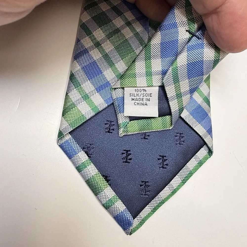 IZOD Green Blue And White Plaid 100% Silk Neck Tie
